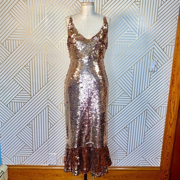 Saloni Aidan Sequin Ruffle Hem Midi Dress Bronze - Picture 2 of 12